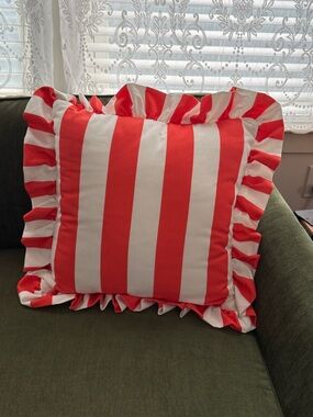 Anthropologie Orange and White Striped Ruffle Pillow